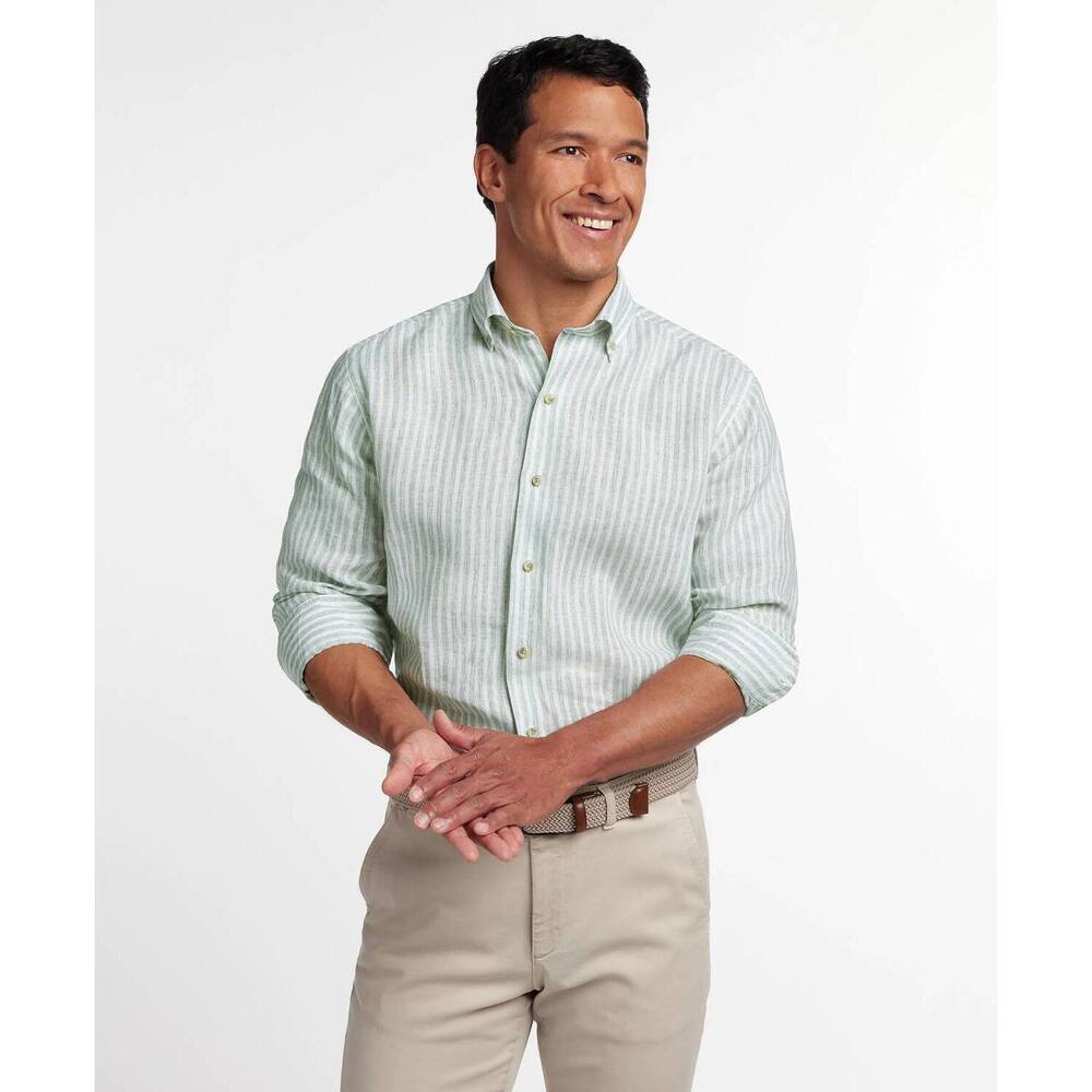 NEW DAVID DONAHUE linen stripe sport shirt in sage